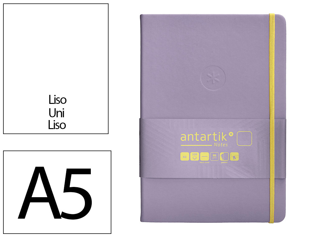 CARNET FERMETURE ELASTIQUE JAUNE ANTARTIK NOTES COUVERTURE RIGIDE A5 PAPIER UNI IVOIRE 100 FEUILLES 80GR FSC LILAS