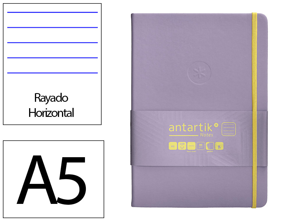 CARNET FERMETURE ELASTIQUE JAUNE ANTARTIK NOTES COUVERTURE RIGIDE A5 LIGNE 100 FEUILLES 80GR FSC COLORIS LILAS