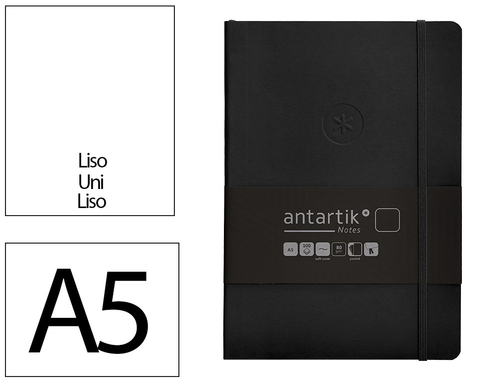 CARNET FERMETURE ELASTIQUE ANTARTIK NOTES COUVERTURE SOUPLE A5 PAPIER UNI IVOIRE 100 FEUILLES 80GR FSC COLORIS NOIR