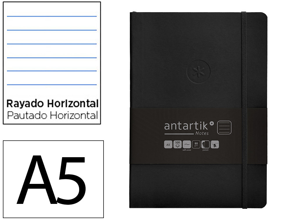 CARNET FERMETURE ELASTIQUE ANTARTIK NOTES COUVERTURE     SOUPLE A5 LIGNE 100 FEUILLES  80GR FSC COLORIS NOIR