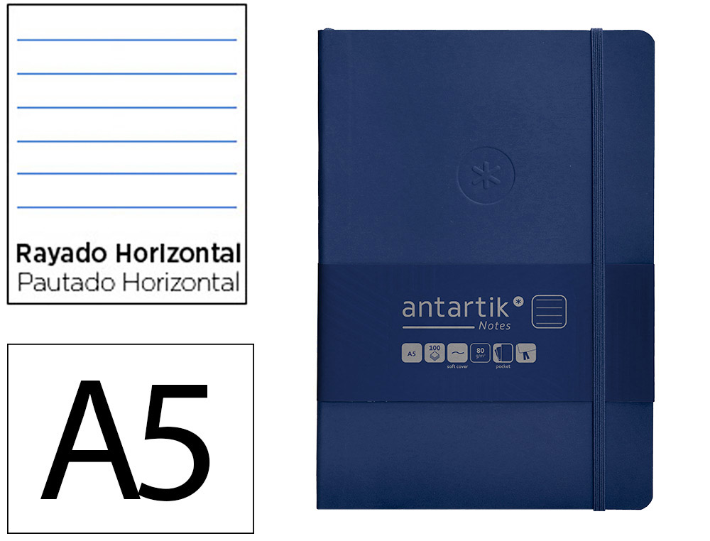 CARNET FERMETURE ELASTIQUE ANTARTIK NOTES COUVERTURE     SOUPLE A5 LIGNE 100 FEUILLES  80GR FSC COLORIS BLEU MARINE