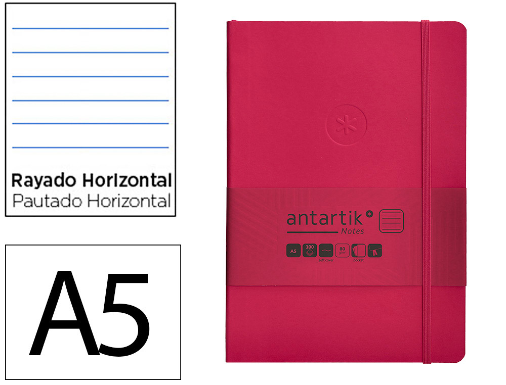 CARNET FERMETURE ELASTIQUE ANTARTIK NOTES COUVERTURE     SOUPLE A5 LIGNE 100 FEUILLES  80GR FSC COLORIS FRAMBOISE
