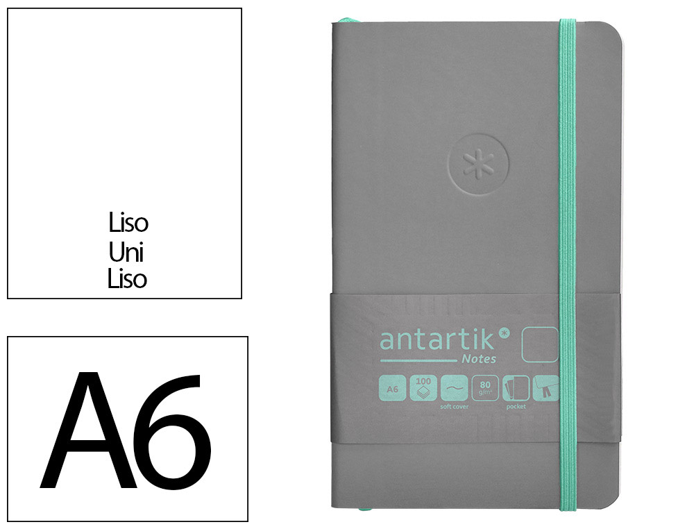 CARNET FERMETURE ELASTIQUE VERT MENTHE ANTARTIK NOTES COUVERTURE SOUPLE A6 PAPIER UNI IVOIRE 100 FEUILLES 80GR FSC GRIS