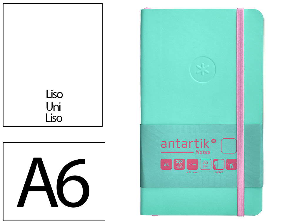 CARNET FERMETURE ELASTIQUE ROSE ANTARTIK NOTES COUVERTURE SOUPLE A6 PAPIER UNI IVOIRE 100 FEUILLES 80GR FSC TURQUOISE