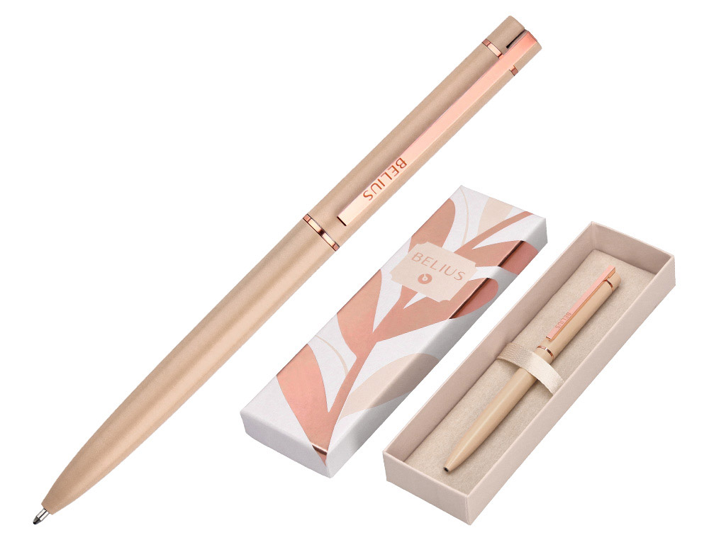 STYLO-BILLE BELIUS ROSE CORPS ALUMINIUM ENCRE BLEUE COLORIS BEIGE CLAIRE OR ROSE BOITE    DESIGN