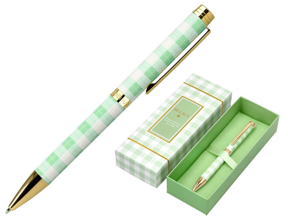 STYLO-BILLE BELIUS PICNIC ALUMINIUM ENCRE BLEUE COLORIS VERT DORE BOITE DESIGN
