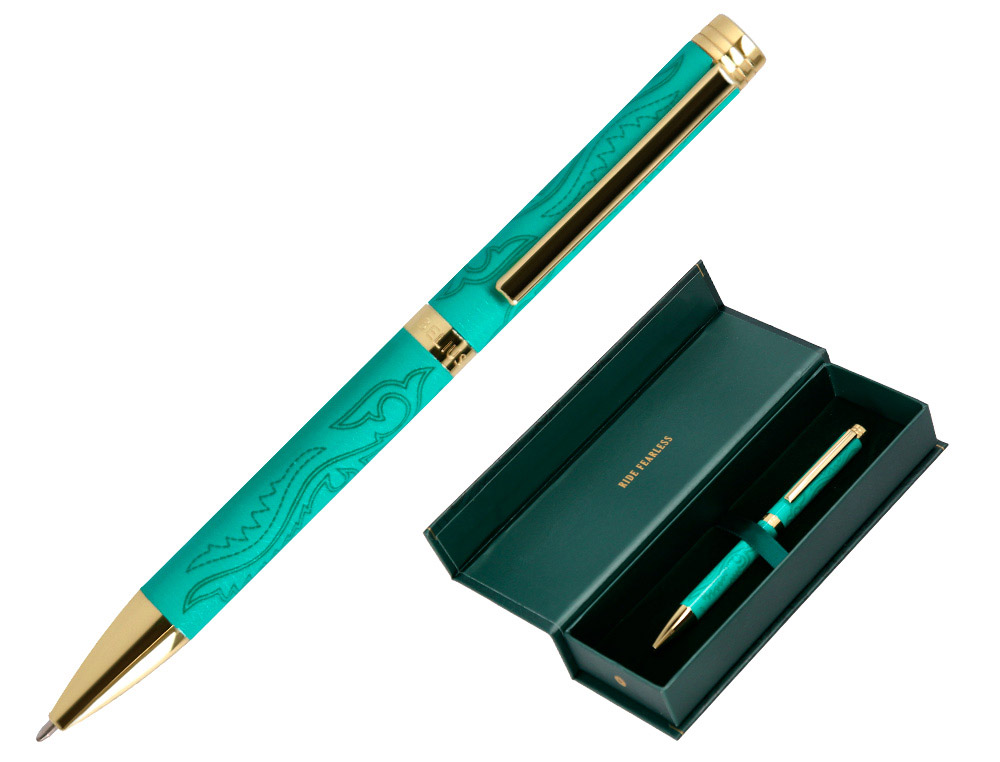 STYLO-BILLE BELIUS WILD WEST ALUMINIUM ENCRE BLEUE COLORIS VERT   DORE BOITE DESIGN