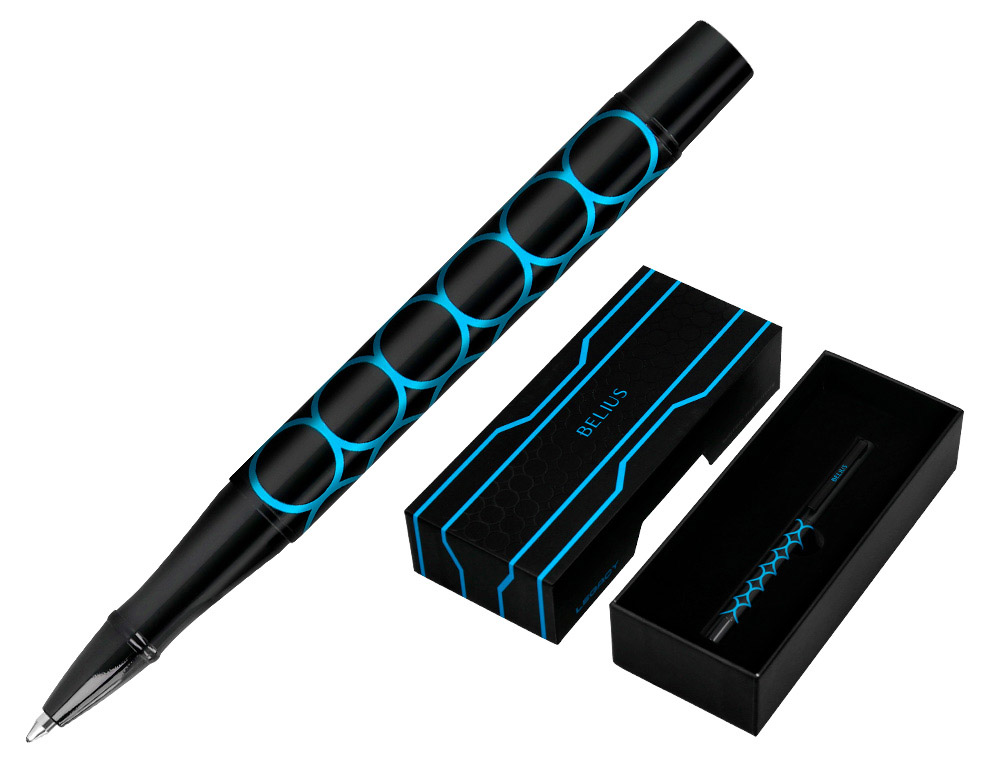 STYLO-BILLE BELIUS LEGACY ALUMINIUM ENCRE BLEUE DESIGN  CERCLES BLEUX CORPS NOIR      BOITE DESIGN
