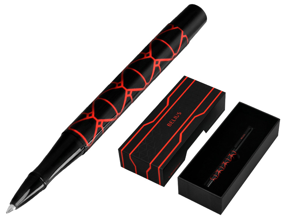 STYLO-BILLE BELIUS LEGACY ALUMINIUM ENCRE BLEUE DESIGN  TRIANGLE ROUGE CORPS NOIR     BOITE DESIGN
