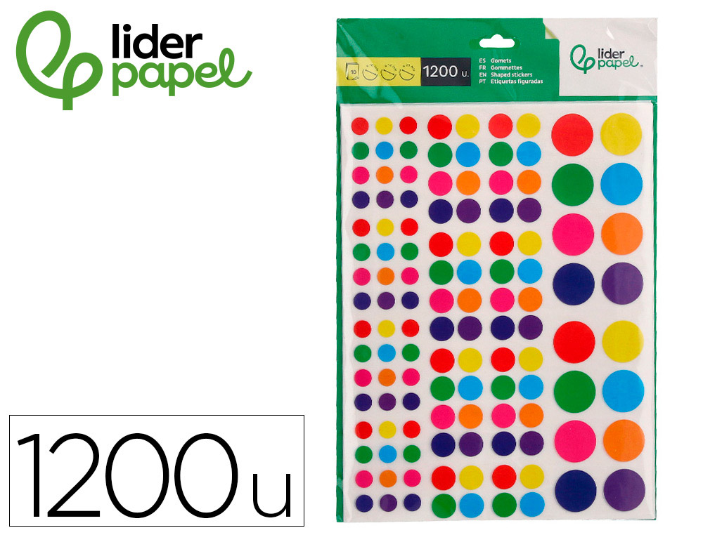 GOMMETTES AUTOADHESIVES LIDERPAPEL RONDES COLORIS ET  DIMENSIONS ASSORTIS BLISTER   10 FEUILLES 1200 UNITES