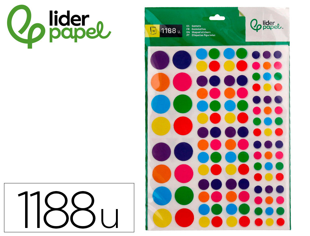 GOMMETTES AUTOADHESIVES LIDERPAPEL MULTIFORMES        COLORIS ET DIMENSIONS         ASSORTIS BLISTER 10 FEUILLES