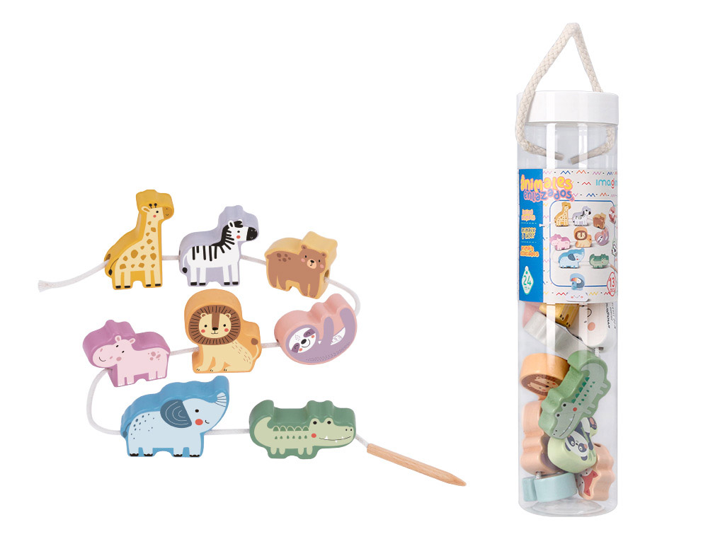JEU ENFANT IMAGINOVO PERLES D'ANIMAUX A ENFILER BOIS +24  MOIS 13 PIECES 27X6,5X6,5 CM
