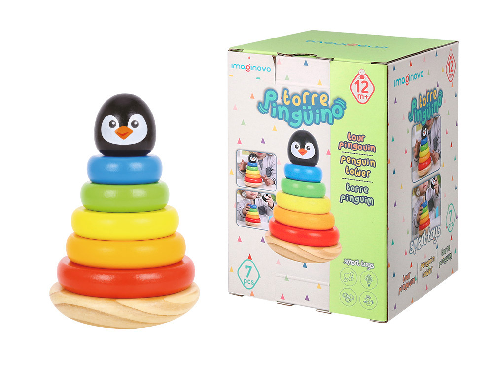 JEU ENFANT IMAGINOVO TOUR PINGOUIN FORMES EMPILABLES    BOIS +12 MOIS 7 PIECES        18X12X12 CM