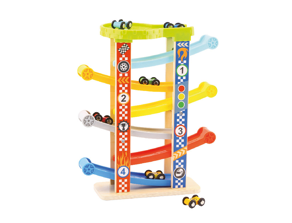 JEU ENFANT IMAGINOVO TOUR A TOBOGGAN BOIS 7 NIVEAUX 6     VOITURES INCLUS +18 MOIS      38X32X14 CM