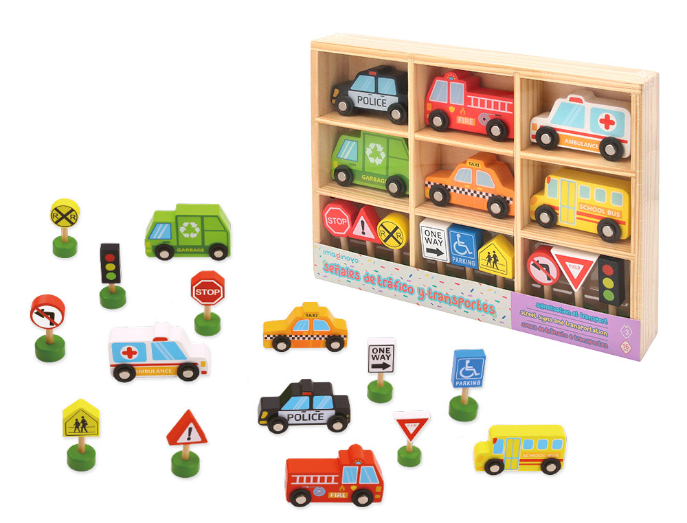 JEU ENFANT IMAGINOVO VEHICULES ET PANNEAUX         SIGNALISATION BOIS +3 ANS 16  PIECES 30X22X4 CM
