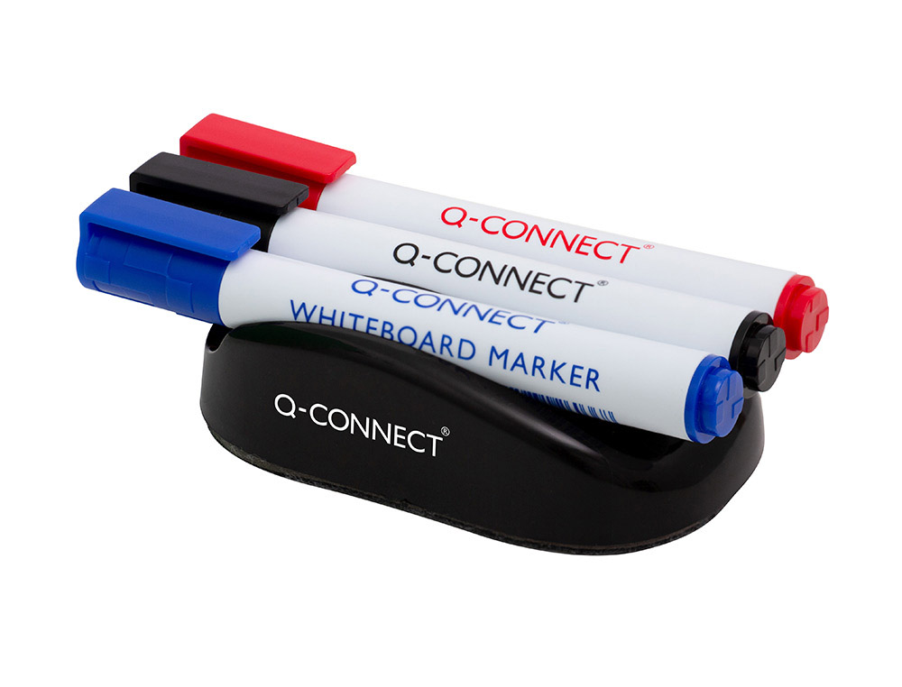 EFFACEUR Q-CONNECT MAGNETIQUE POUR TABLEAU BLANC AVEC 3     MARQUEURS BLEU / NOIR / ROUGE