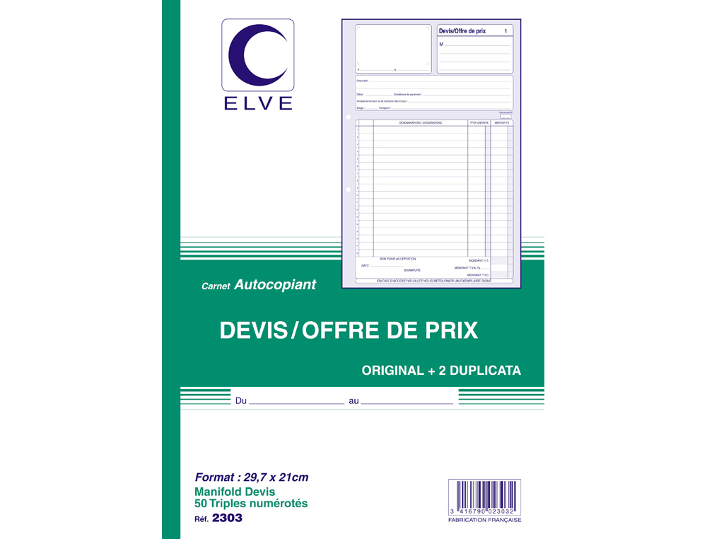 MANIFOLD ELVE AUTOCOPIANT A4 210X297MM FOLIOTAGE 50 TRIPLIS DEVIS OFFRE PRIX