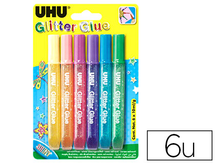 COLLE PAILLETÉE UHU SHINY GLITTER GLUE COLORIS ASSORTIS FLUOS BLISTER 6 TUBES