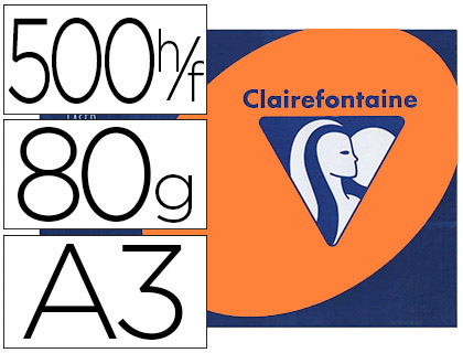PAPIER COULEUR CLAIREFONTAINE TROPHE MULTIFONCTION A3 80G/M2 COULEURS VIVES CLMENTINE PAQUET 500 FEUILLES