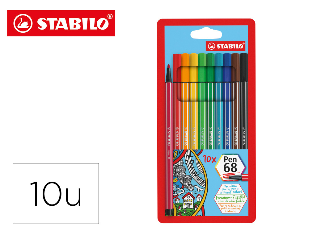 FEUTRE COLORIAGE STABILO PEN 68 ENCRE AQUARELLABLE POINTE OGIVE BLOQUE TUI CHEVALET POCHETTE 10 UNITS