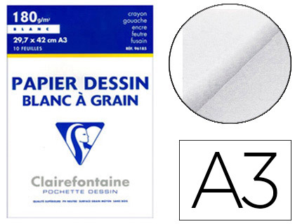 PAPIER DESSIN CLAIREFONTAINE GRAIN LGER PRONONC SANS ACIDE BLANCHEUR NATURELLE 180G A3 POCHETTE 10F