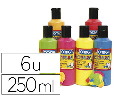 GOUACHE FLUO OMÉGA ONCTUEUSE TOUS SUPPORTS SÉCHAGE RAPIDE PRÊTE À L'EMPLOI COLORIS ASSORTIS 6 FLACONS 250ML