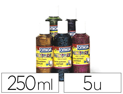 GOUACHE PAILLETÉE OMÉGA PAILLETTES EN SUSPENSION TOUS SUPPORTS SÉCHAGE RAPIDE COLORIS ASSORTIS LOT 5 FLACONS 250ML
