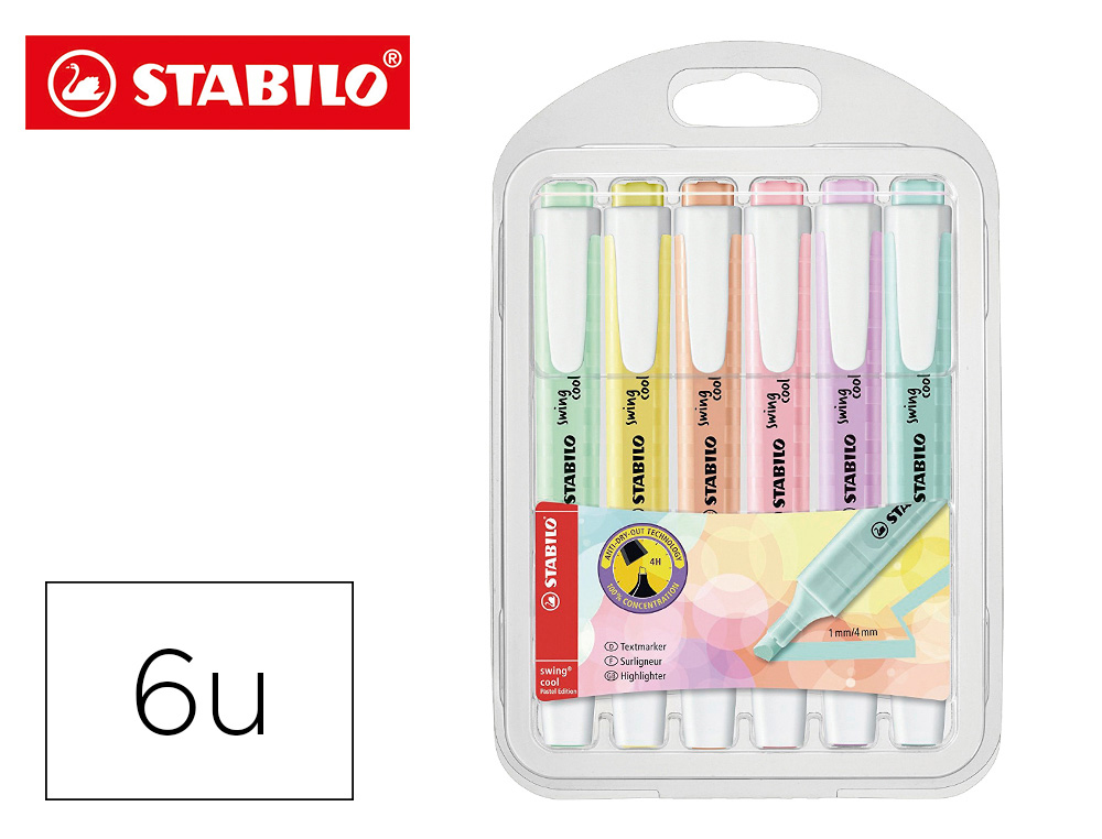 SURLIGNEUR STABILO SWING COOL PASTEL MODLE DE POCHE AVEC AGRAFE TRAC 1/4MM POCHETTE 6 COLORIS ASSORTIS