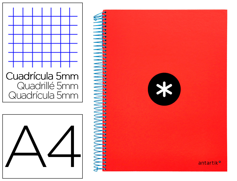 CAHIER SPIRALE ANTARTIK A4 240P 90G COUVERTURE REMBORDEE QUADRILLAGE 5MM 4 TROUS       COIL-LOCK COLORIS ROUGE