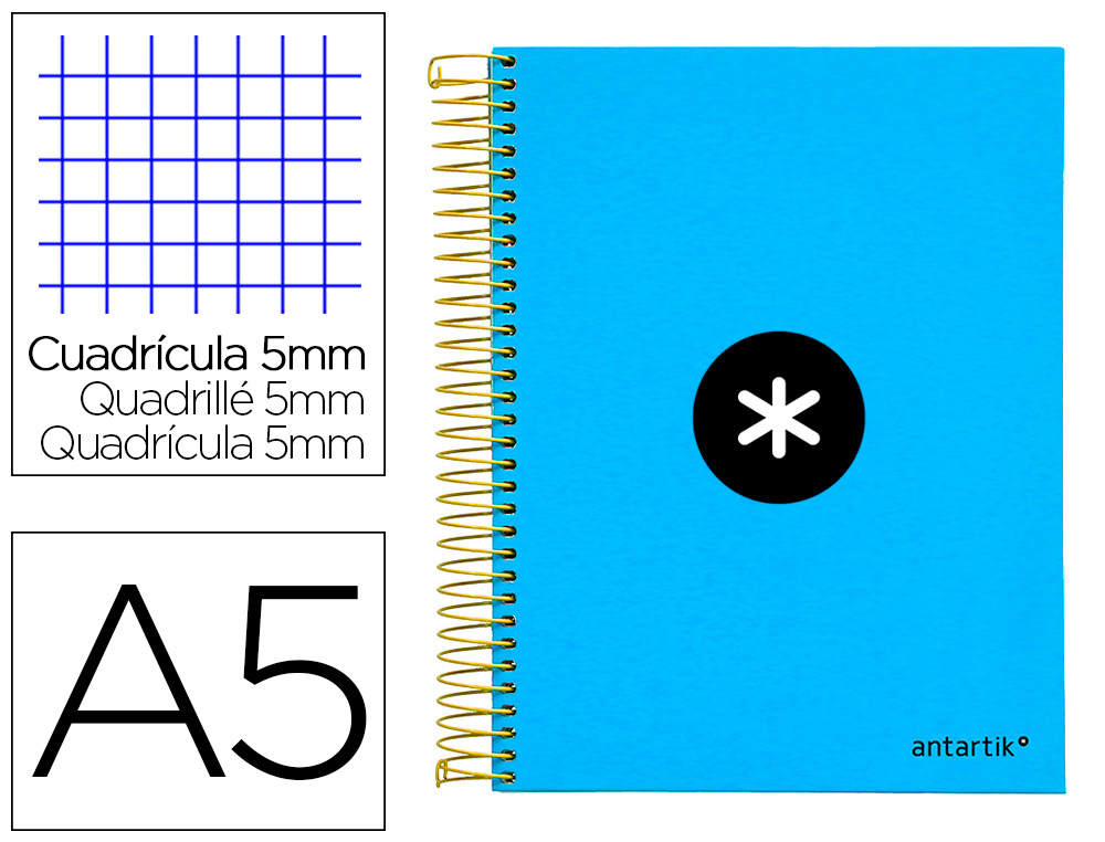 CAHIER SPIRALE ANTARTIK A5 240P 90G COUVERTURE REMBORDEE QUADRILLAGE 5MM 6 TROUS       COIL-LOCK COLORIS BLEU