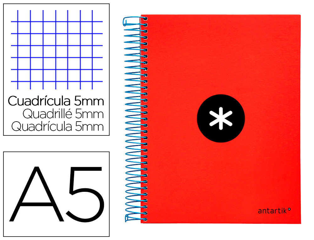 CAHIER SPIRALE ANTARTIK A5 240P 90G COUVERTURE REMBORDEE QUADRILLAGE 5MM 6 TROUS       COIL-LOCK COLORIS ROUGE