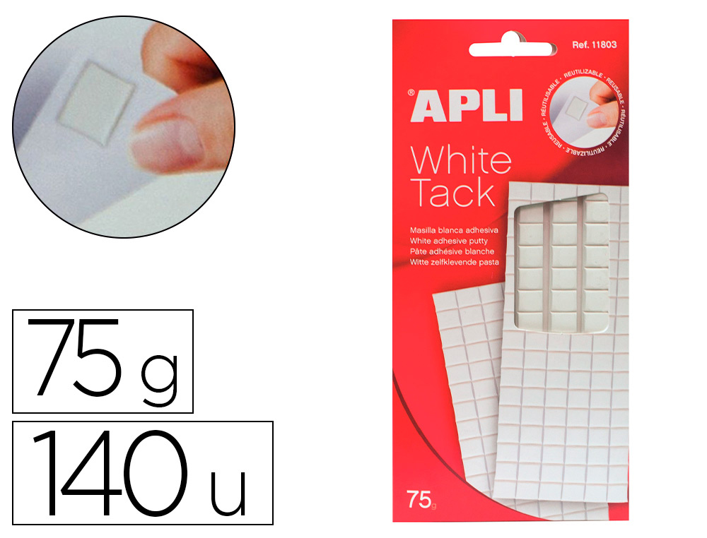 PTE ADHSIVE APLI TACK BLANCHE PR-DCOUPE EN CARRS ENLEVABLE RUTILISABLE SUPPORTE JUSQU' 75G PACK 102 UNITS