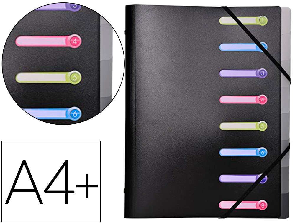 TRIEUR EXACOMPTA 3 RABATS POLYPROPYLNE A4+ 8 COMPARTIMENTS FENTRES FERMETURE LASTIQUE COLORIS NOIR