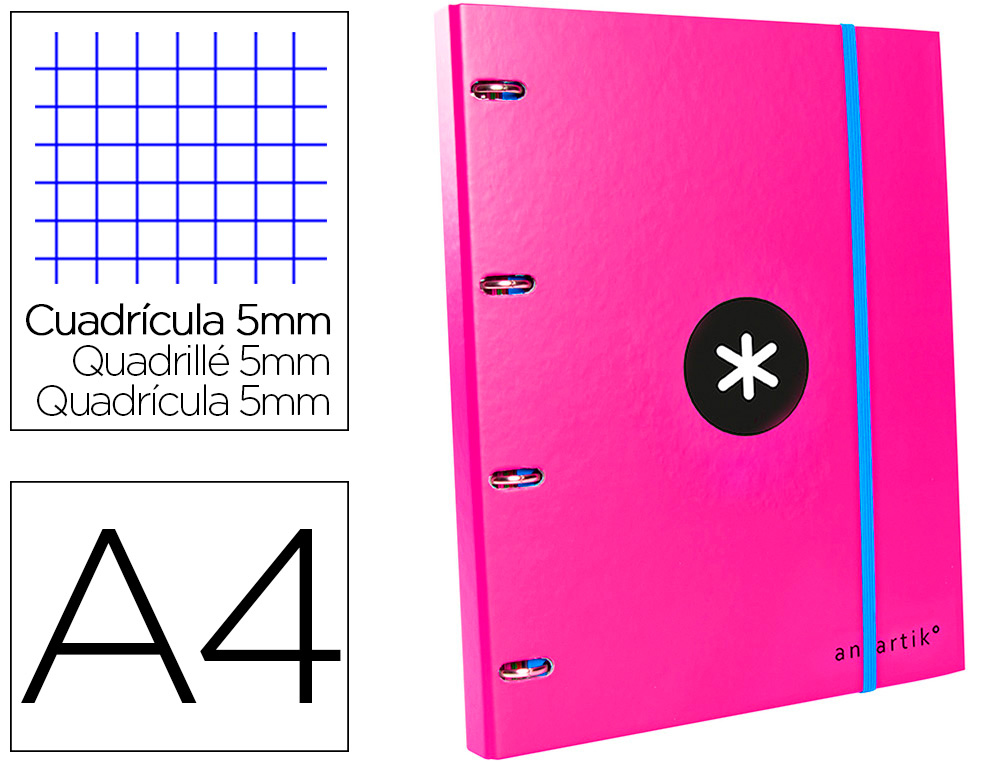 CLASSEUR ANTARTIK 4 ANNEAUX RONDS 25MM A4 CARTON REMBORD FEUILLETS MOBILES QUADRILLAGE 5MM COLORIS ROSE