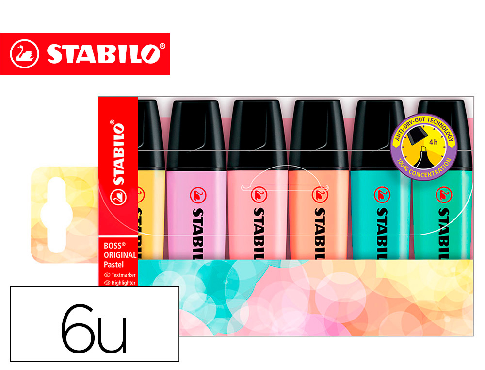 SURLIGNEUR STABILO BOSS PASTEL TRAC 2/5MM POINTE BISEAUTE ENCRE UNIVERSELLE BASE EAU RSISTANTE LUMIRE POCHETTE 6U