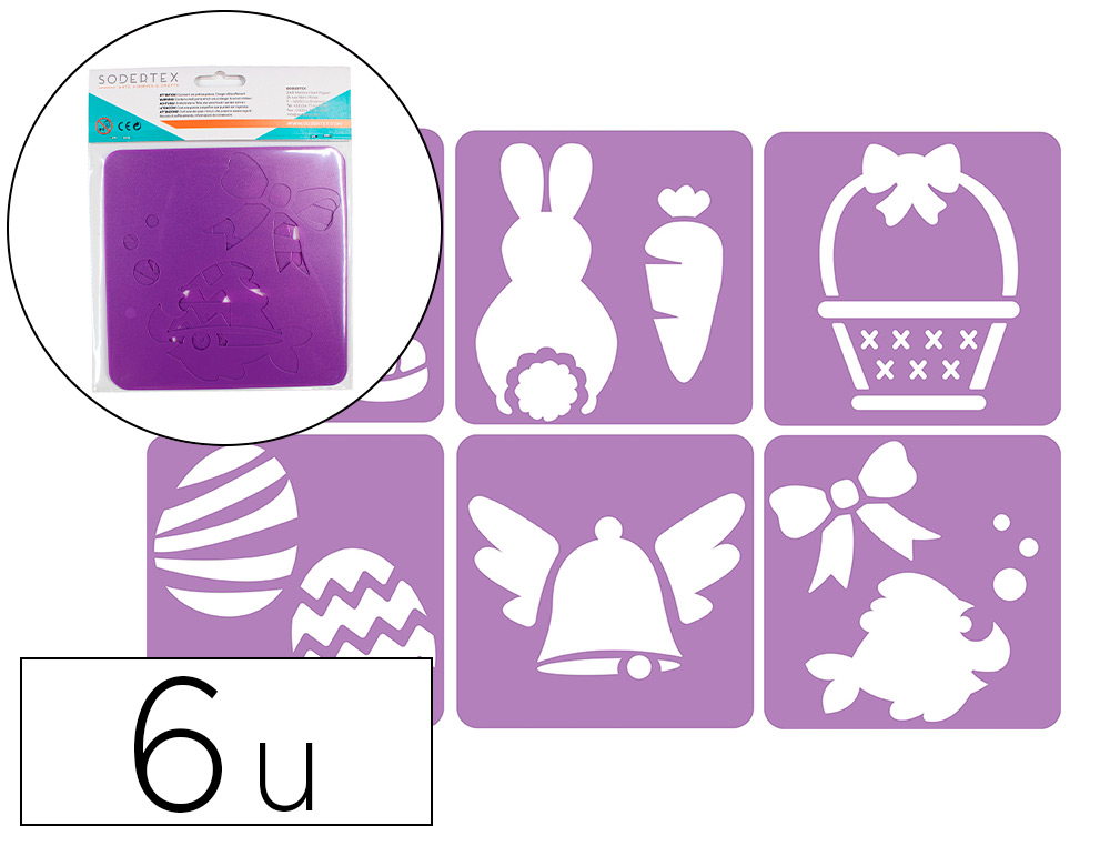 POCHOIRS SODERTEX PAQUES EN PLASTIQUE INCASSABLE 5MM      140X140MM 6 PCS COLORIS       ASSORTI