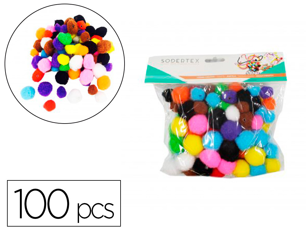 POMPONS SODERTEX POLYPROPYLENE A TROUS 100 PCS TAILLES ASSORTIES 10 COLORIS