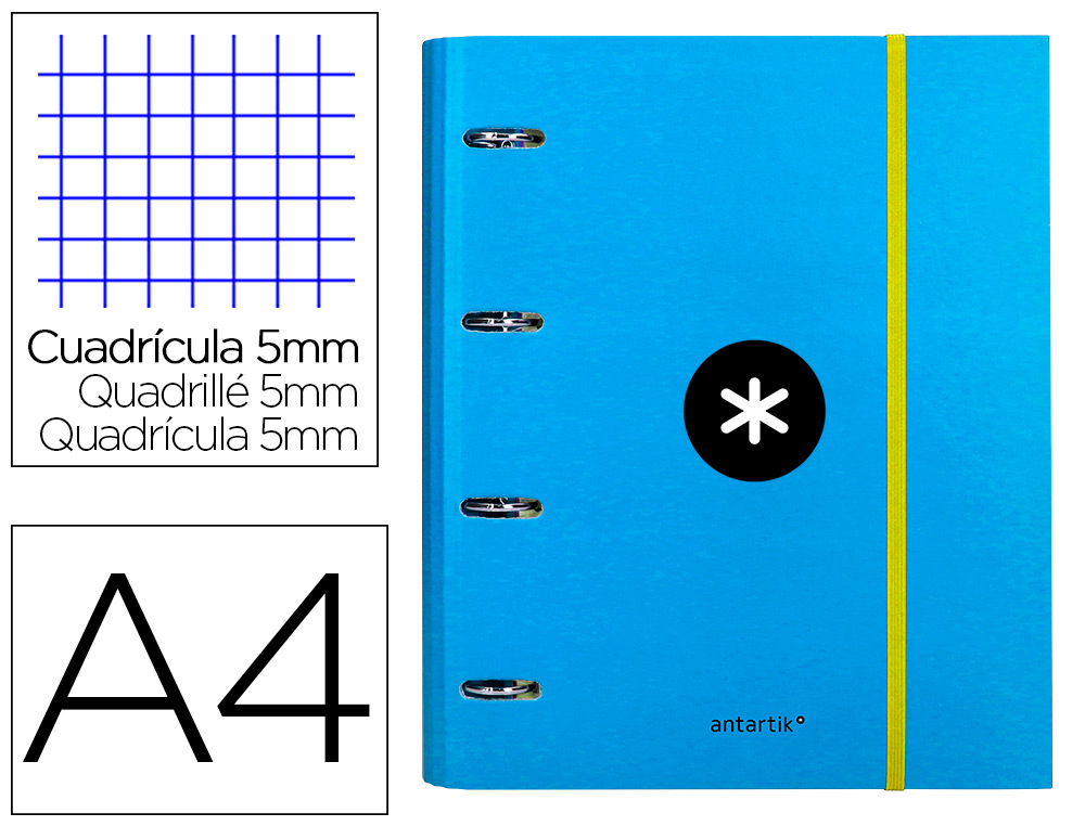 CLASSEUR ANTARTIK 4 ANNEAUX RONDS 40MM A4 CARTON REMBORDE FEUILLETS MOBILES QUADRILLAGE 5MM COLORIS BLEU