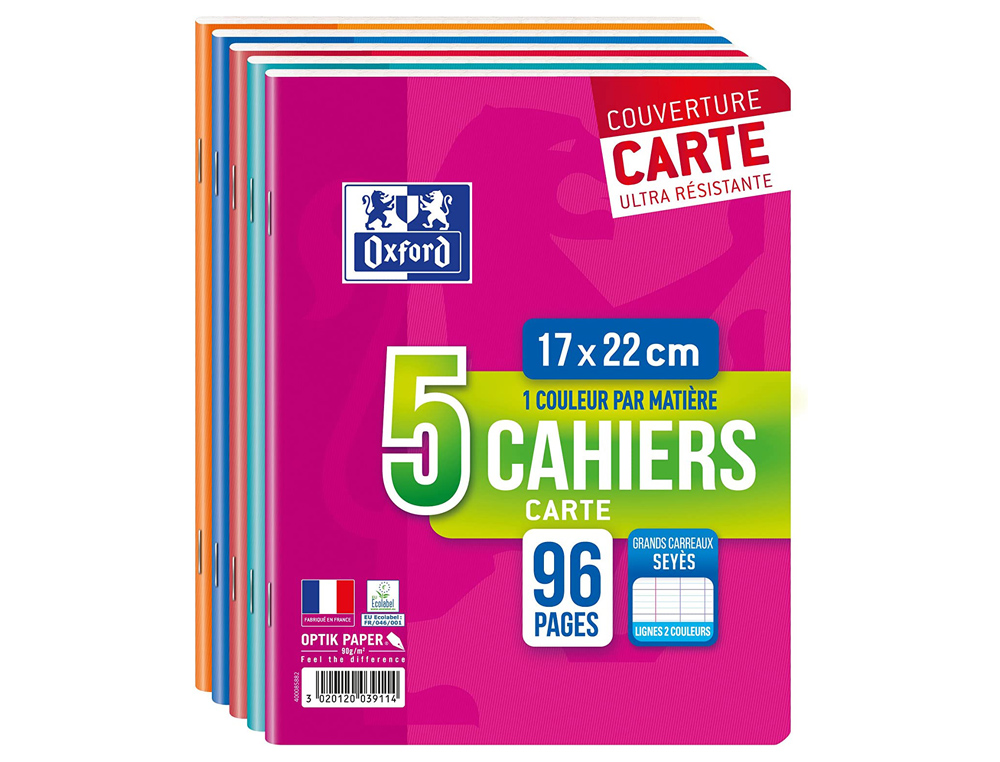 CAHIER AGRAFÉ OXFORD A5+ 17X22CM 96 PAGES 90G SÉYÈS LOT 5 UNITÉS CARTON 20 LOTS