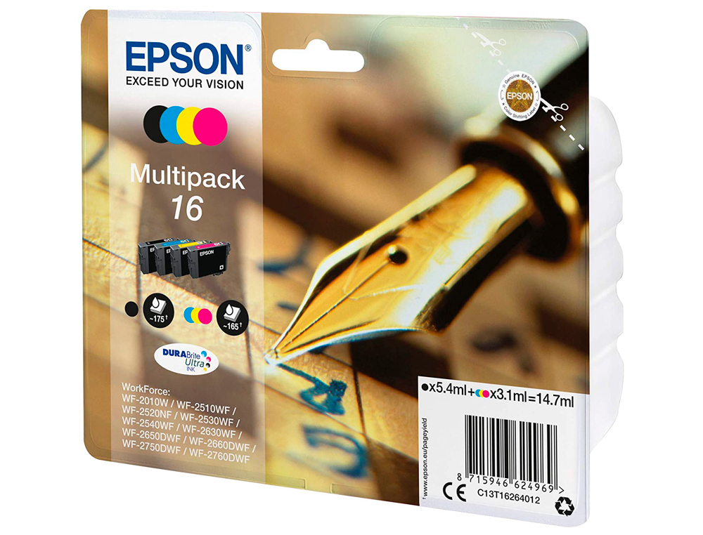 CARTOUCHE EPSON T1626 JET D'ENCRE 16 MULTIPACK PACK 4 COULEURS NOIR/JAUNE/CYAN/MAGENTA 165P