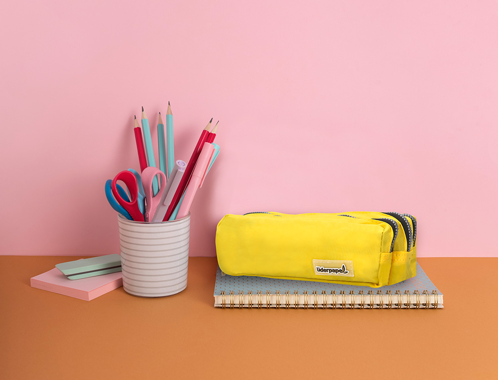 TROUSSE SCOLAIRE LIDERPAPEL LARGE RECTANGULAIRE 3 COMPARTIMENTS 185X80X70MM COLORIS JAUNE
