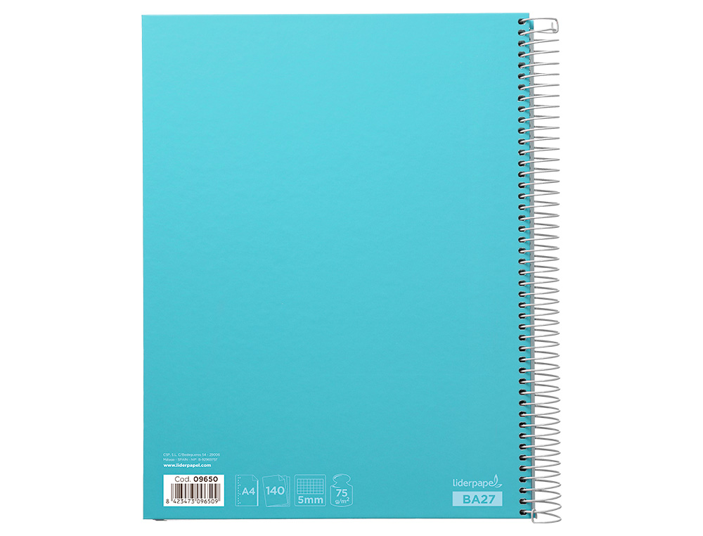 CAHIER SPIRALE LIDERPAPEL JOLLY COUVERTURE CONTRECOLLÉE A4 280P 75G/M2 5X5MM MICROPERFORÉ 4 TROUS COLORIS BLEU CIEL