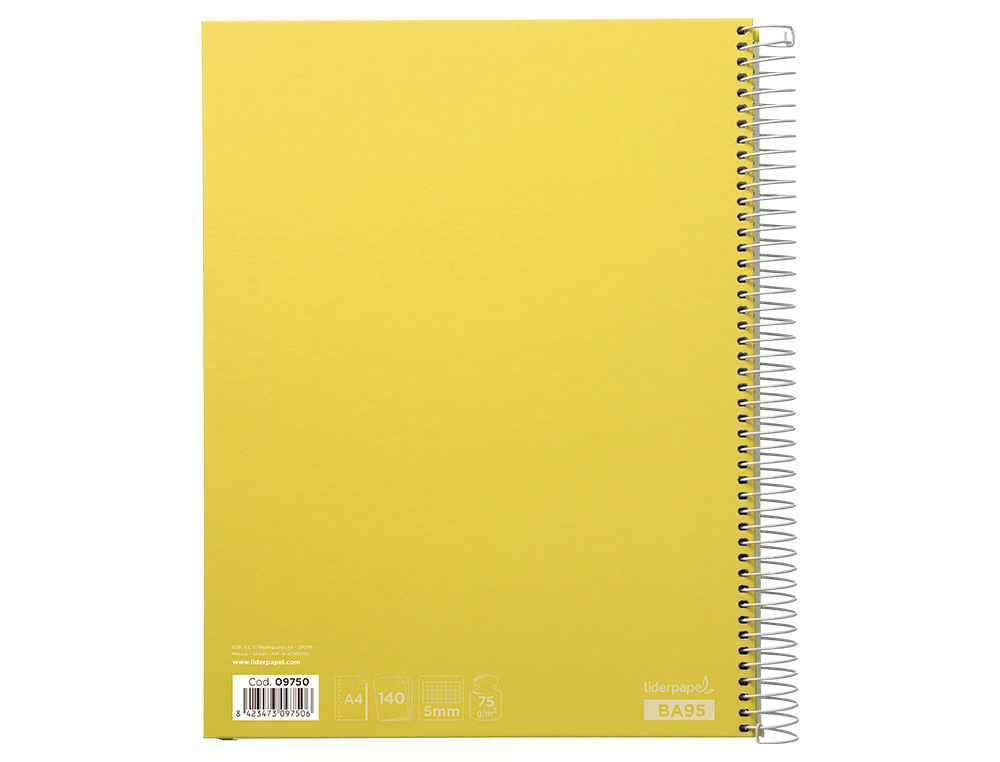 CAHIER SPIRALE LIDERPAPE JOLLYCOUVERTURE CONTRECOLLE A4 280P 75G/M2 5X5MM MICROPERFOR 4 TROUS COLORIS JAUNE