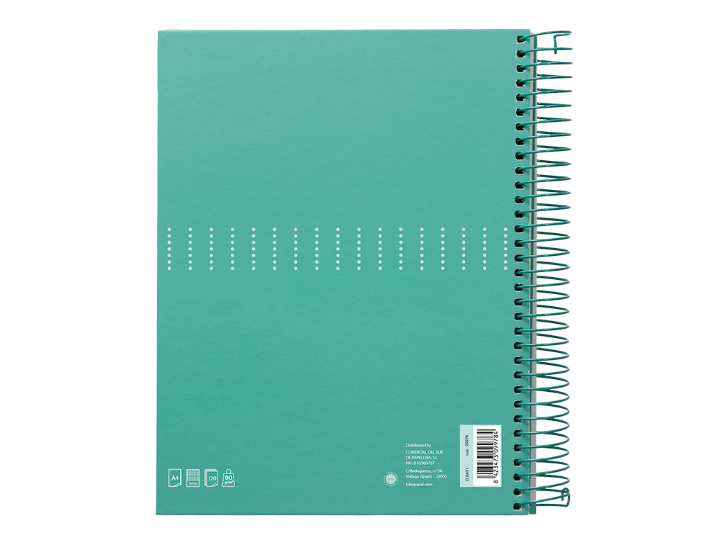 CAHIER SPIRALE LIDERPAPEL CRAFTY COUVERTURE CONTRECOLLE A4 240P 90G/M2 5X5MM MICROPERFOR 4 TROUS COLORIS TURQUOISE