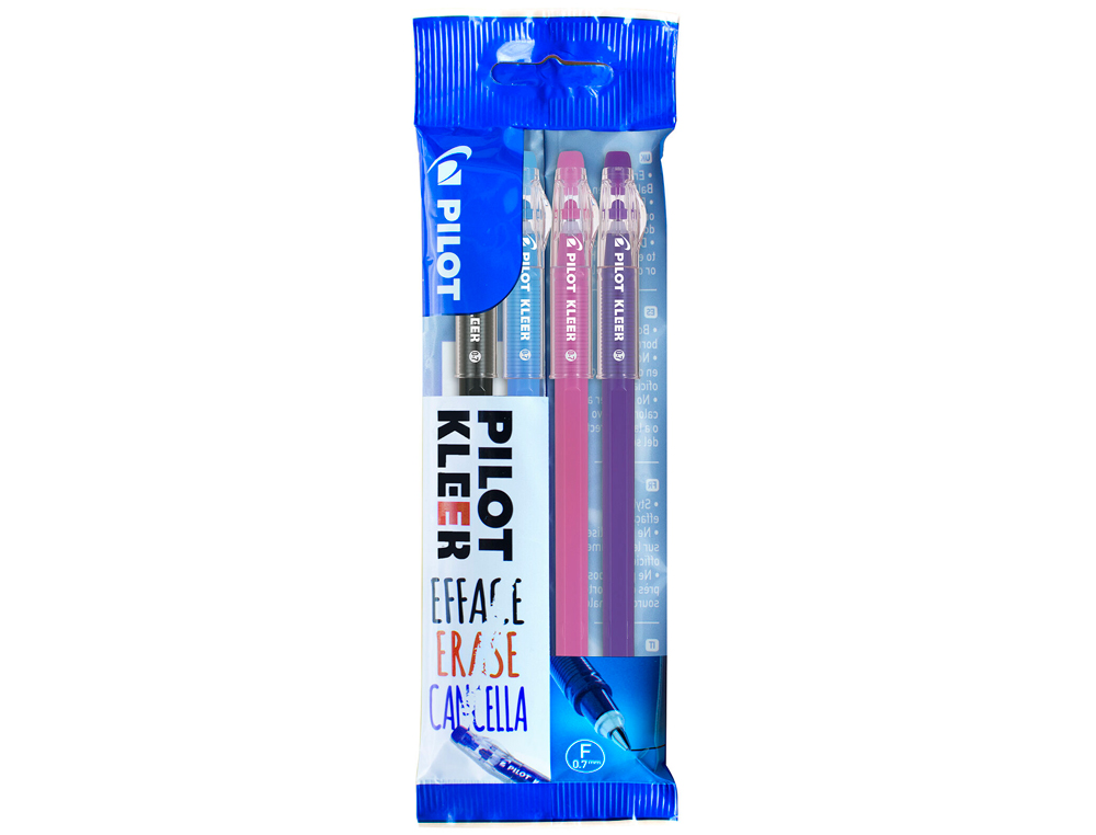 STYLO-BILLE PILOT KLEER ENCRE EFFAABLE POINTE 0.7MM COLORIS ASSORTIS NOIR/TURQUOISE/ROSE/VIOLET POCHETTE DE 4 UNITS