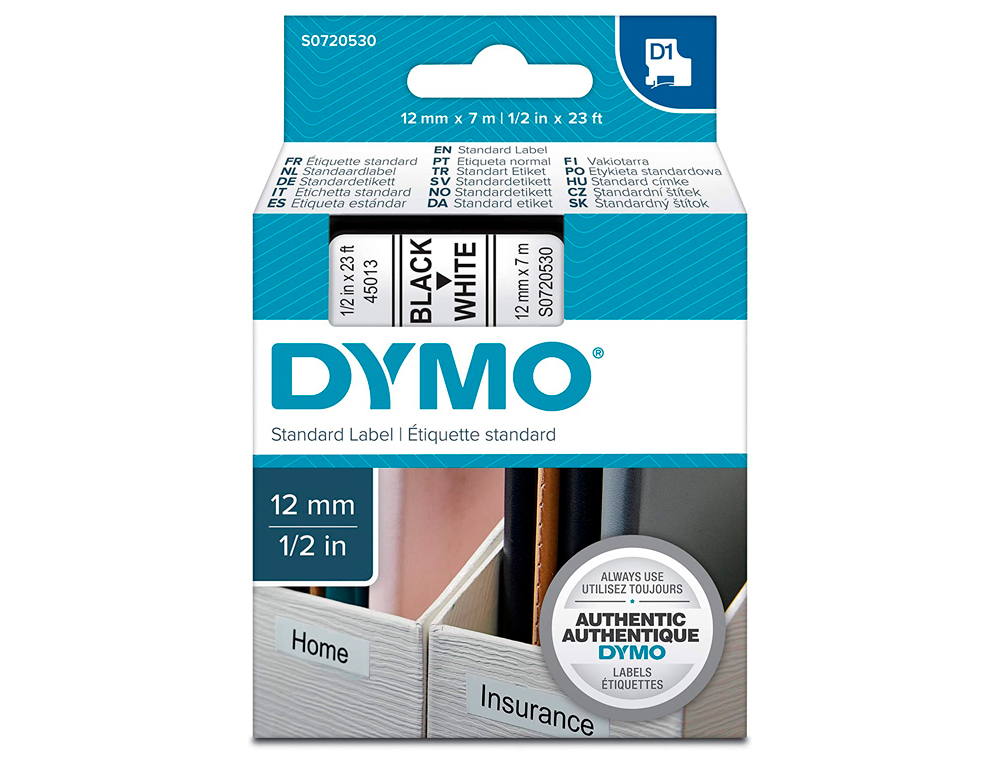 RUBAN DYMO D1 POLYESTER ADHÉSIF PERMANENT 12MMX5.5M NOIR/BLANC