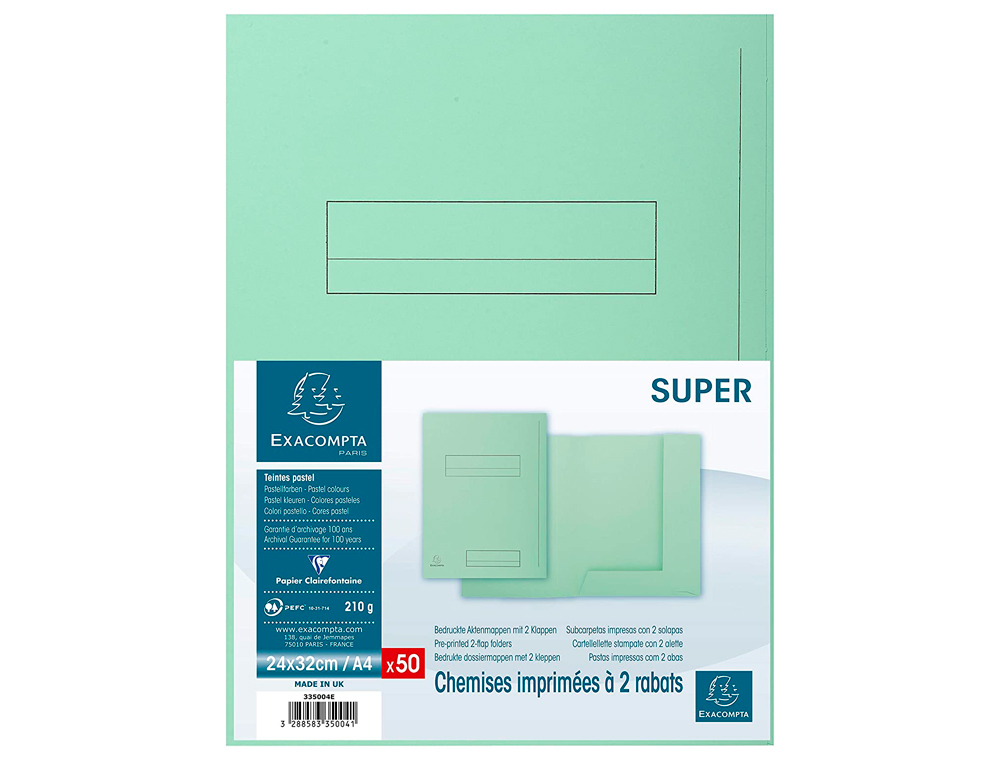 CHEMISE EXACOMPTA SUPER CARTE SEMI RIGIDE 240X320MM 210G IMPRIME 2 RABATS COLORIS VERT CLAIR LOT 50 UNITS