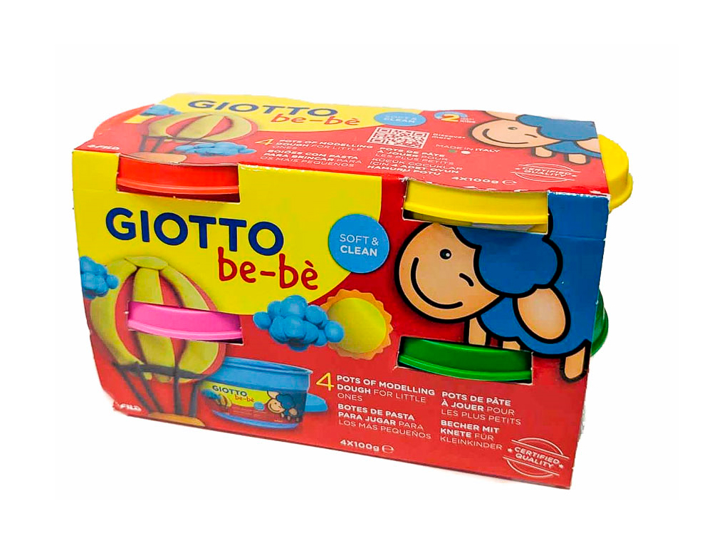 PÂTE À MODELER GIOTTO BE-BÈ TESTÉ DERMATOLOGIQUEMENT COLORIS ASSORTIS ROUGE JAUNE MAGENTA VERT 4 POTS 100G