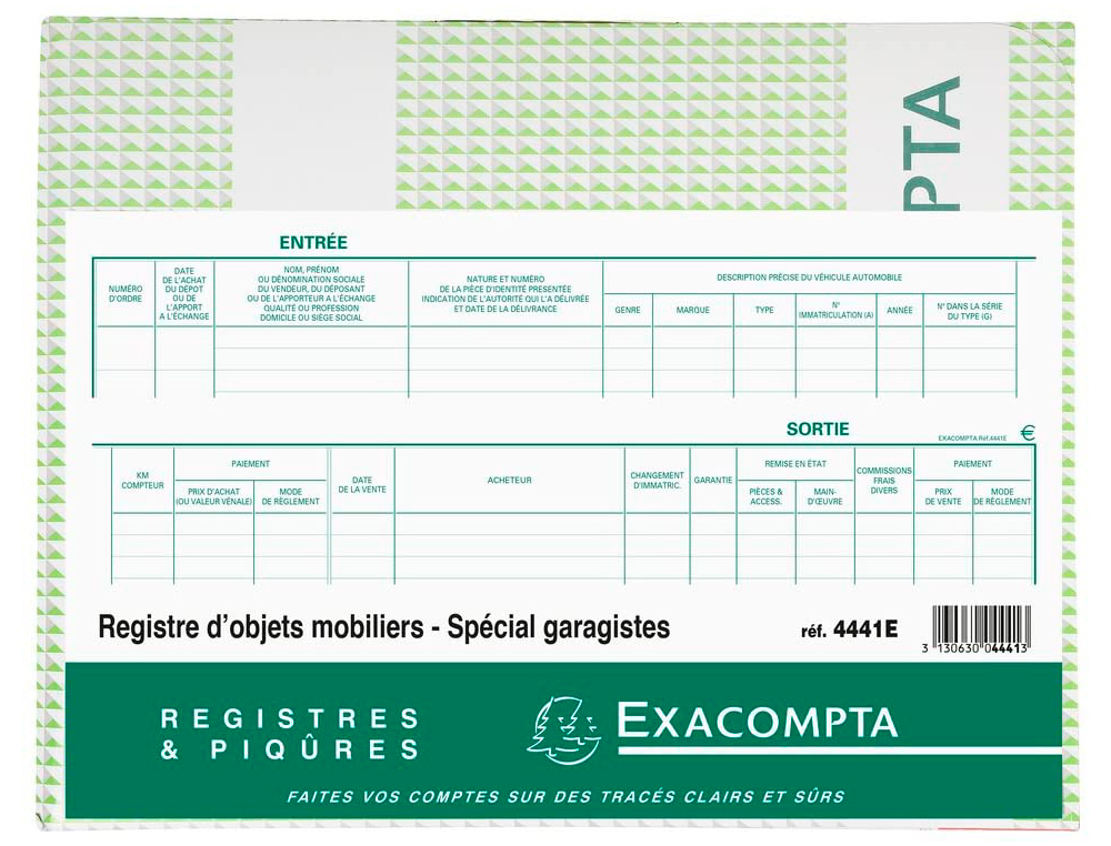 REGISTRE EXACOMPTA OBJETS MOBILIERS SPCIAL GARAGISTES 240X320MM 100 PAGES