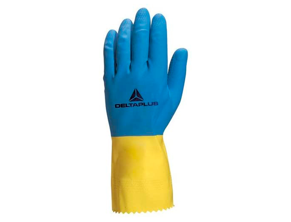 GANT MNAGE DELTAPLUS LATEX FLOQU LONGUEUR 30CM PAISSEUR 0.60MM COLORIS BLEU/JAUNE TAILLE 8/9 PAIRE